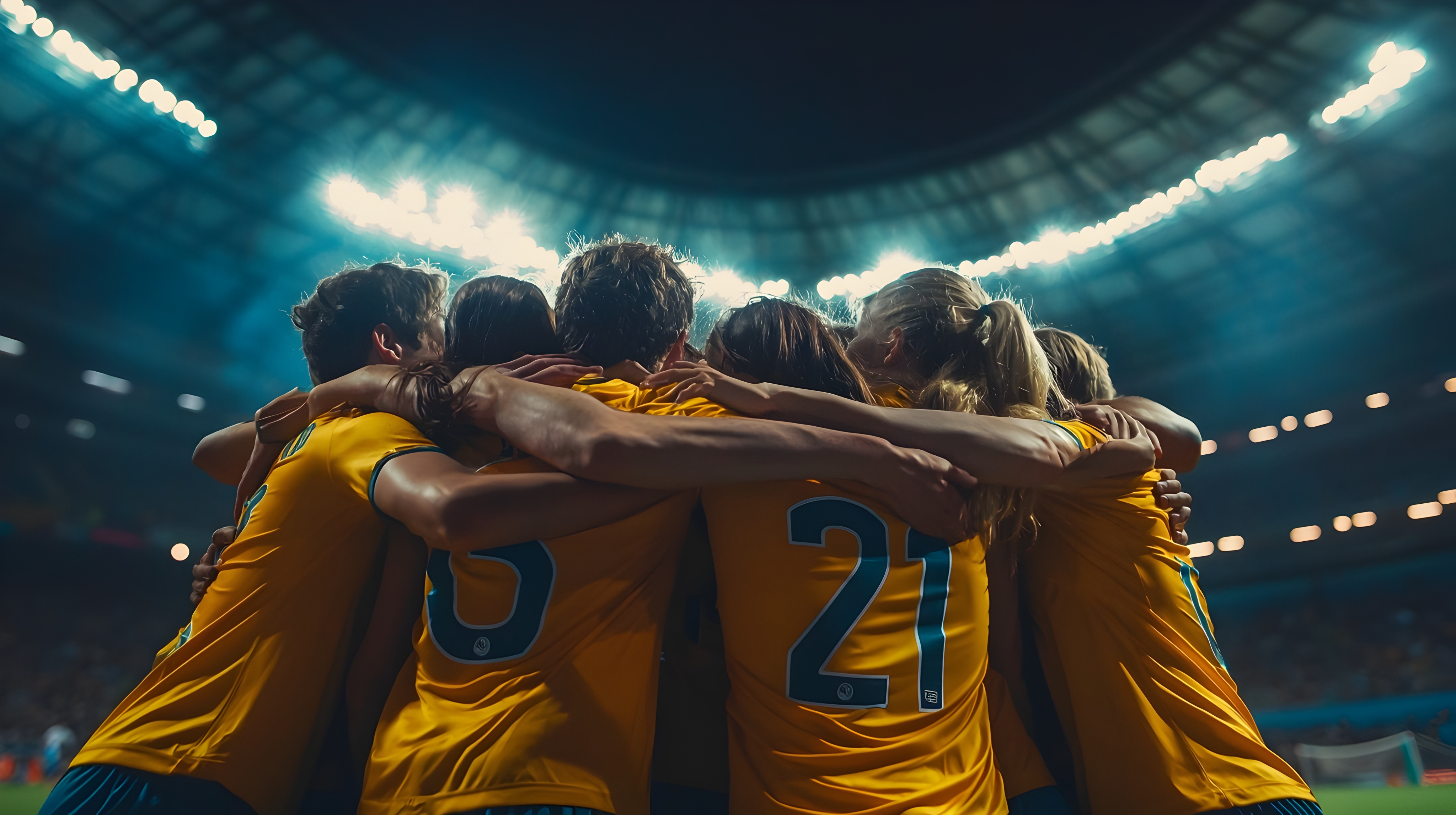 Team in a huddle on the field under stadium lights