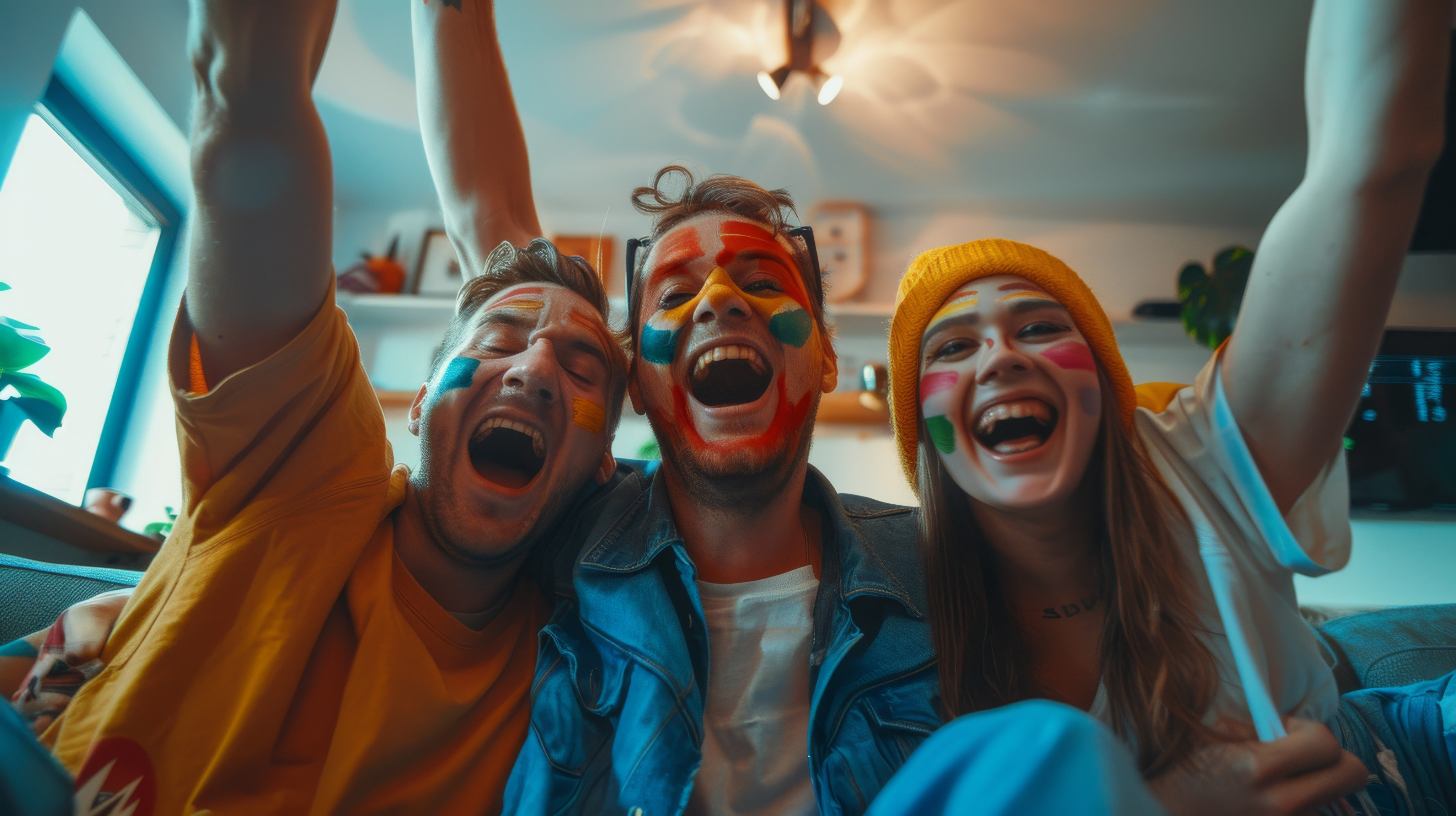 Fans celebrating at a game with face paint